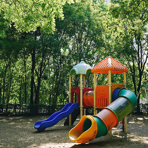 A playground surrounded by trees.